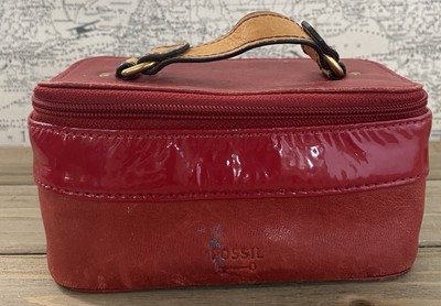 Fossil Small Leather Glossy Red Finish Cosmetic Box Case Zip-Around Closure