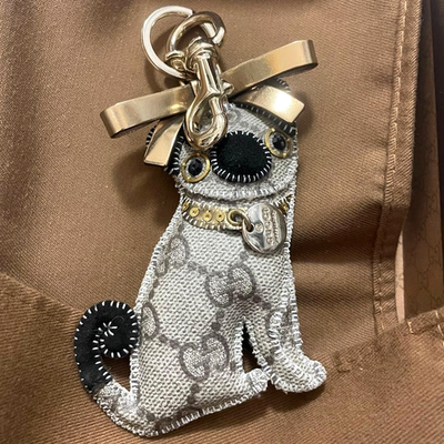 GUCCI Bag Charm Key Ring Guccioli Pug Dog Oliver GG Leather H7