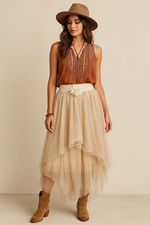 A'Reve Skirt Womens S/M Ivory Tulle High Low Maxi Floral Belt Boho Anthropologie