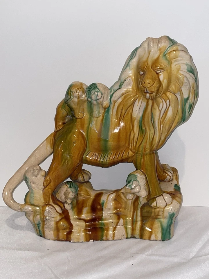 MID CENTURY ITALIAN MAJOLICA LION WITH SANCAI GLAZED LARGE RARE - Image 2 of 4