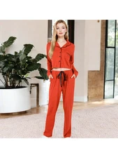 Women's Long Sleeve Button Up Pajama Set With Piped Trim Details And Relaxed Fit