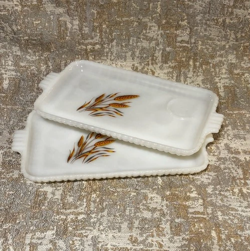 Vintage Fire King Anchor Hocking Wheat Pattern Milk Glass Snack Plate Set Of 2