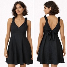 Sezane Lizon Linen Mini Dress Black Ruffle Sleeve Tie Back Strap Size 38/ US 6