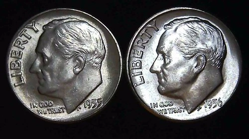 1955  1956-P  10C Roosevelt Dime (2  Coins) BU 90% Silver 26ctt0111-3