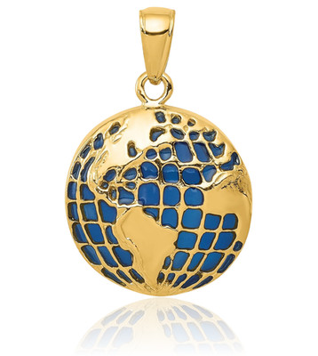 14K massives Gelbgold mittelblau Kugel Medaille Anhänger Halskette 24,5 mm 1 Zoll