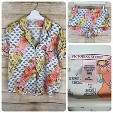 Victoria Secret Floral Sleep Pajama Medium M Shorts Shirt Set Logo Spellout