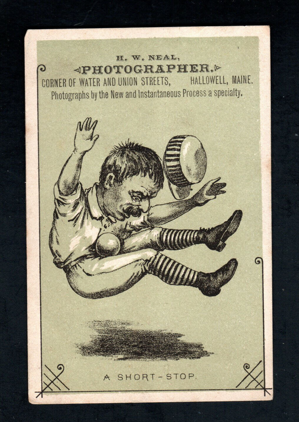 1880'S H804-10 BASEBALL COMIC TRADE CARD - A SHORT STOP - Hallowell ME photog