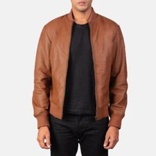 Men's Tan Brown Bomber Real Lambskin Nappa Leather Jacket Slim Fit Casual - 049