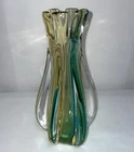 Large Sommerso Murano Glass Vase Green Yellow Ribbed Vintage