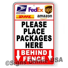 Deliver Packages Here Behind Fence Arrows Down Sign Or Decal 6 SIZES delivery