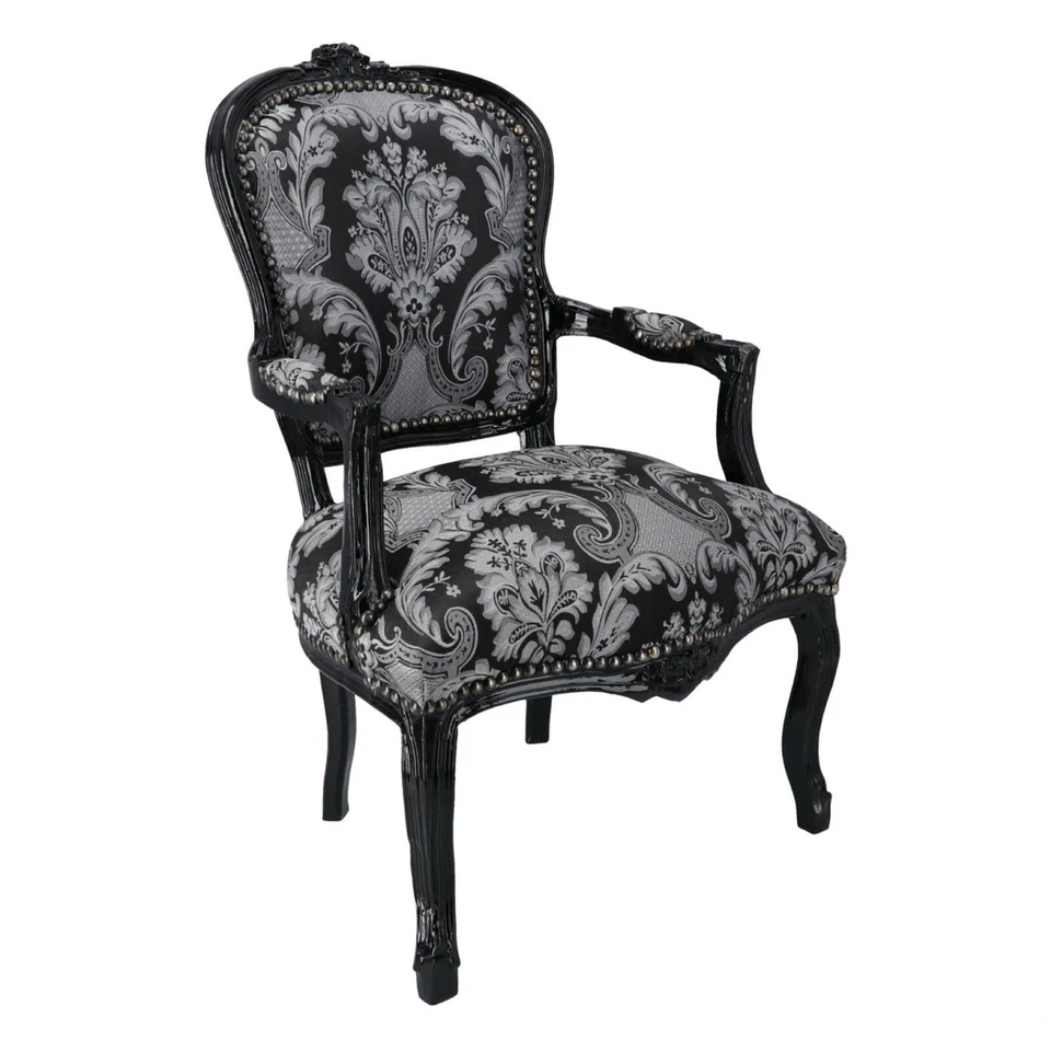 Poltrona Sedia in legno laccata nera con braccioli e tessuto damascato nero fan - Immagine 4 di 4