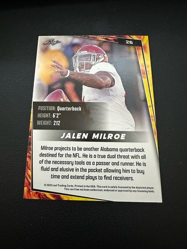 2024 Leaf Football Jalen Milroe #26 Alabama Crimson Tide - Picture 6 of 6
