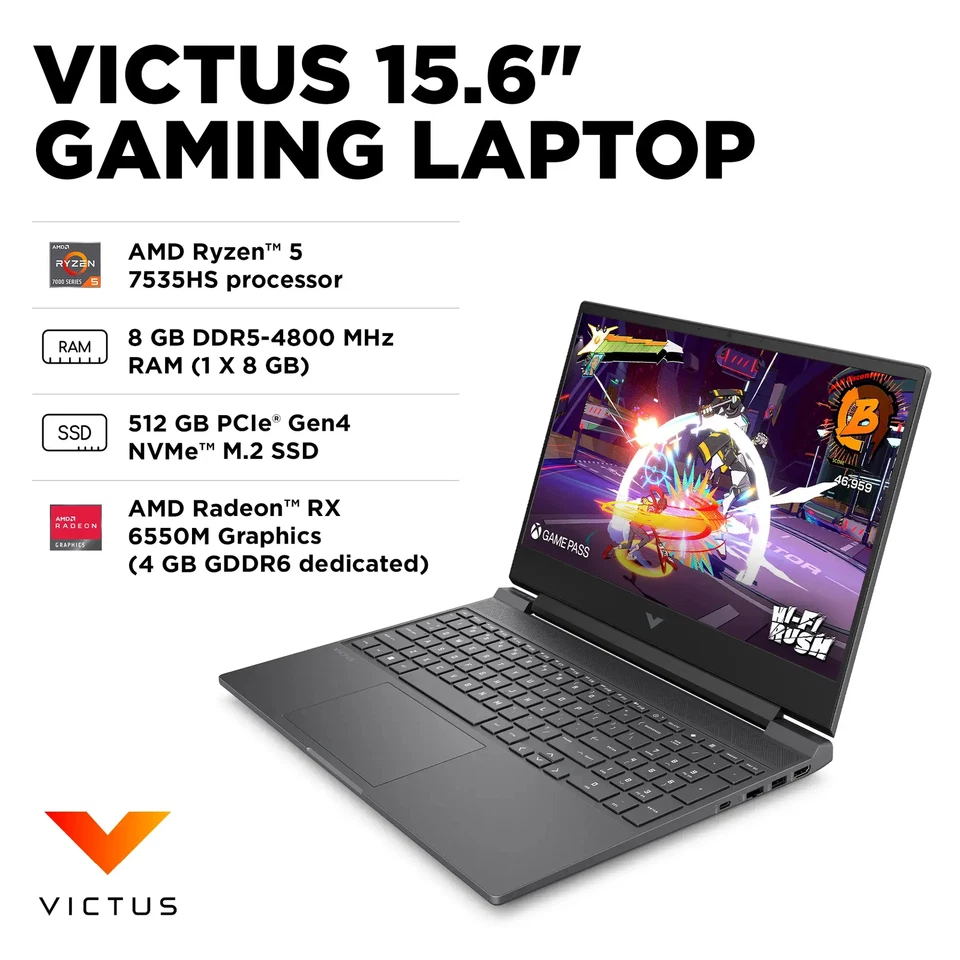 🔥 HP Victus 15.6" AMD Ryzen5/8GB/512GB/Radeon RX6550M Gaming Laptop 15-fb2063dx - Image 2 of 4