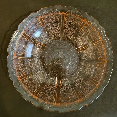 Vintage 10” footed bowl, Pink Depression Glass, Cherry Rose pattern