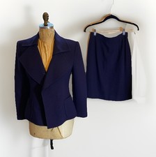 Vintage 80s 90s Christian Lacroix Navy Wool 2 Pc. Skirt Suit missing Buttons 