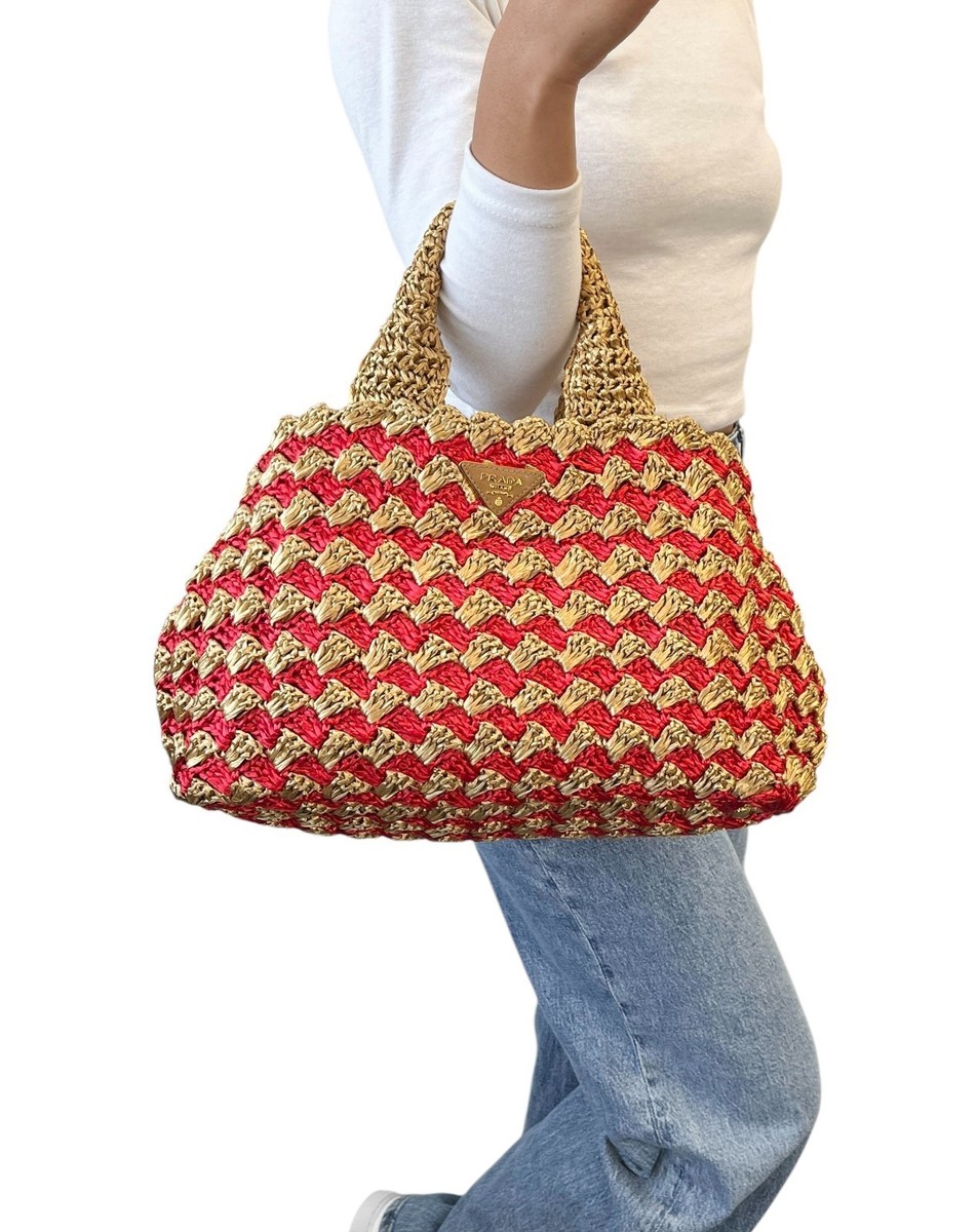 PRADA Vintage Triangle Logo Raffia Canapa Tote Bag Red Beige Gold