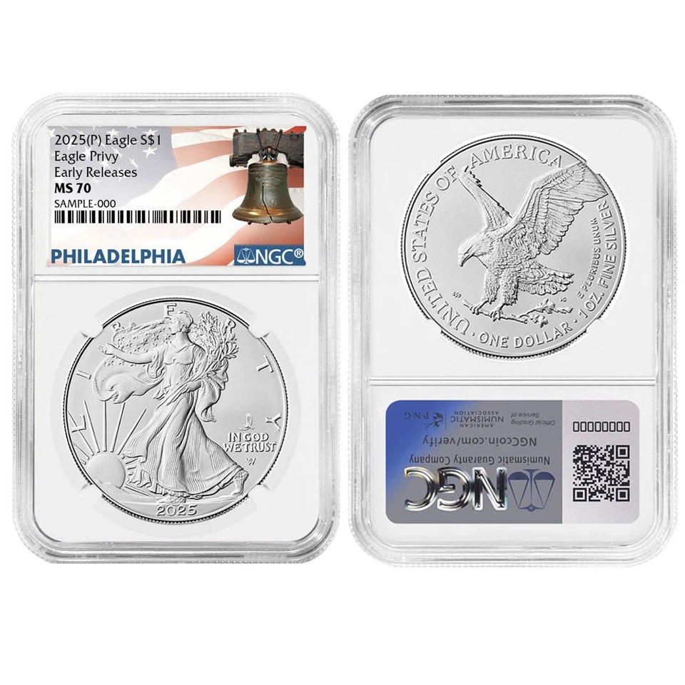 2025 (P) $1 American Silver Eagle First Eagle Privy NGC MS70 ER Liberty Bell - Image 3 of 3