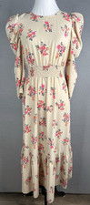 WAYF Puff Sleeve Floral Midi Dress Womens S Cottagecore Coquette Beige NEW