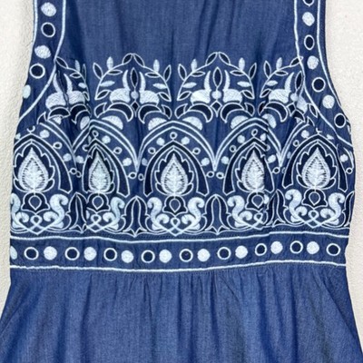 J.O.A Embroidered Denim Dress Open Back Boho Fit Flare Mini S | eBay