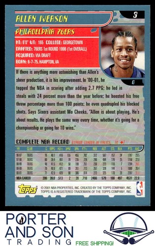 Allen Iverson 2001-02 Topps #3 Philadelphia 76ers Basketball Card - Picture 2 of 2