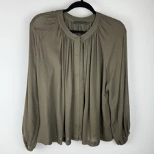 Jenni Kayne Shirt M Viscose Wool Blouse Olive Green Gauzy Sheer Top Travel