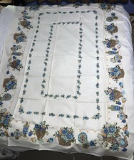 Vintage Cottage White Linen Blue Green Roses Daisy Basket Fruit Tablecloth 60x86