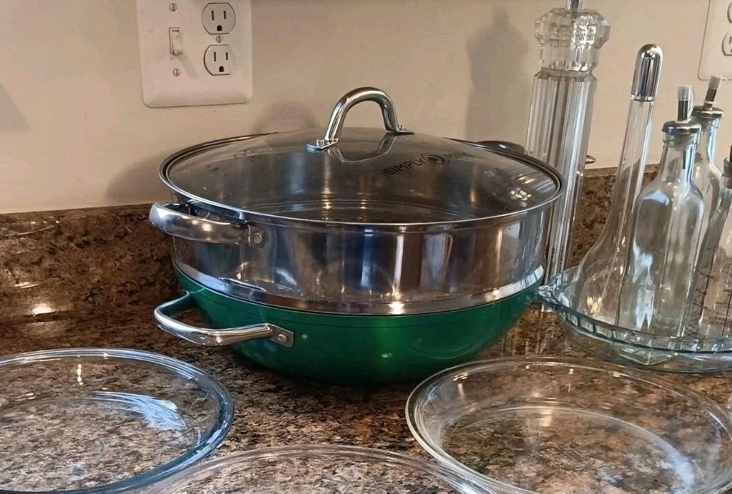 Simply Ming Jumbo Wok W/ Steamer Insert & Lid Jade Enamel Copper NONSTICK 13"