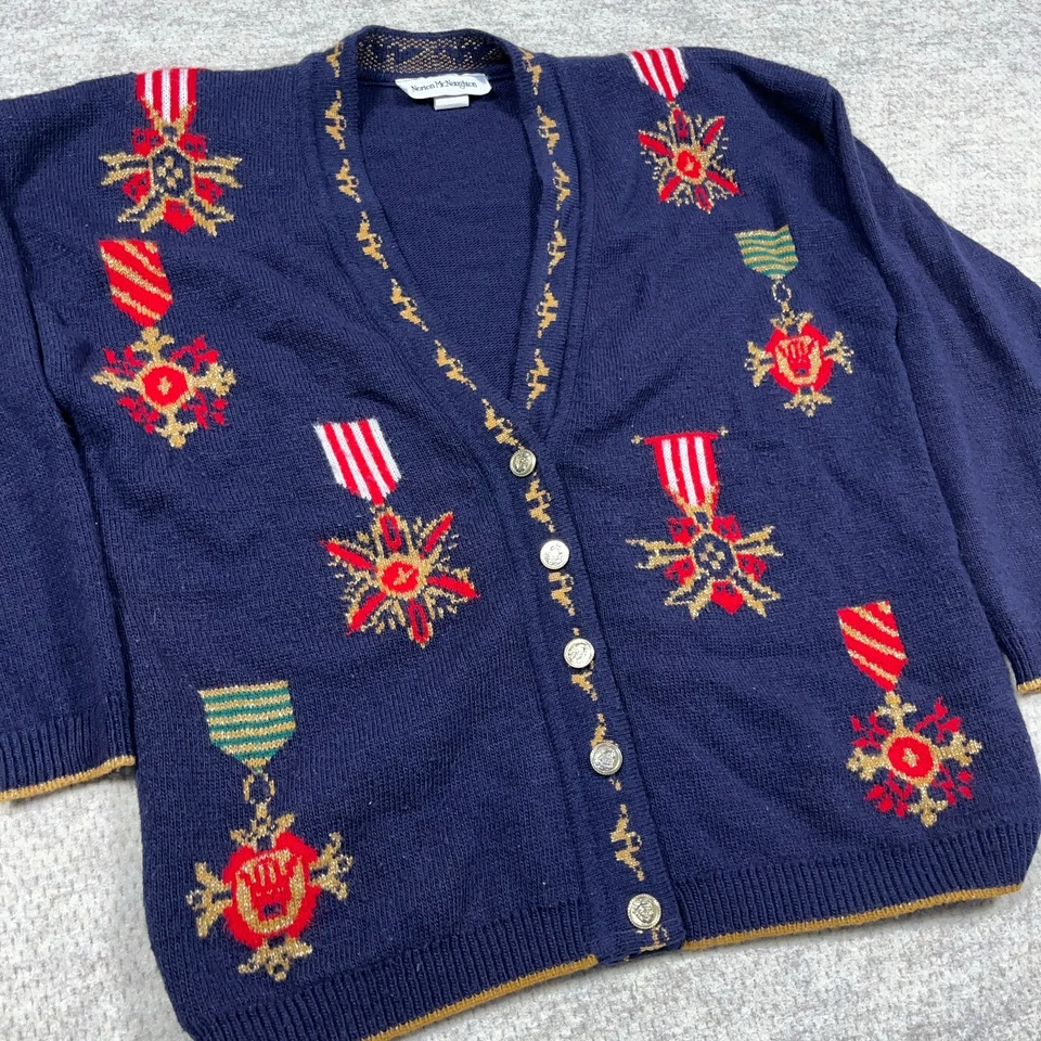 Cárdigan Suéter Vintage Norton McNaughton Mujer Grande Azul Marino Medallas Ecuestre Foto 2 de 4