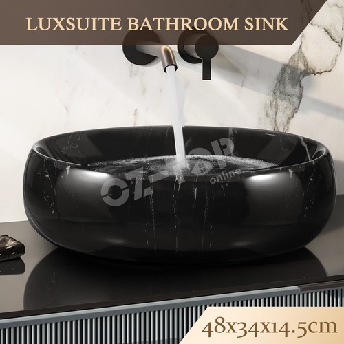 Oval Bathroom Ceramic Basin Above Counter Top Hand Wash Bowl Sink Black Marble - Picture 2 of 12