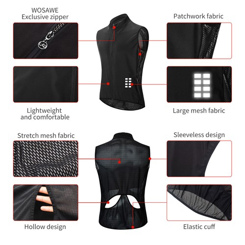 WOSAWE Mens Cycling Vest Windproof Reflective Bicycle Gilet Breathable MTB Bike - Picture 10 of 14