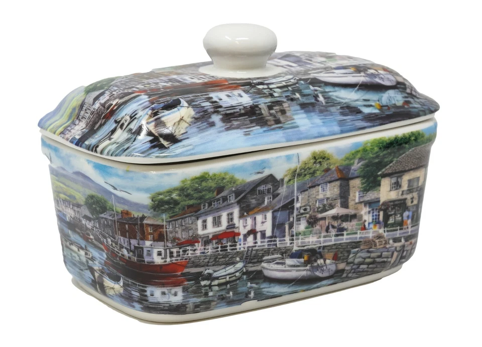 THE LEONARDO COLLECTION Fishing Village Scene Large China Butter Dish With Lid Porcelain Home Decor Gift