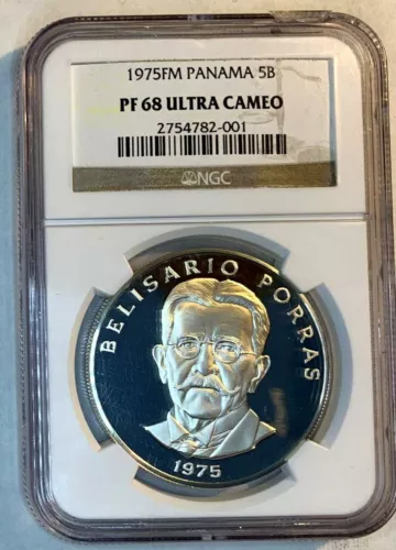 1975 Panama Silver 5 Balboas - NGC Proof 68 Ultra Cameo - Shiny Gem +