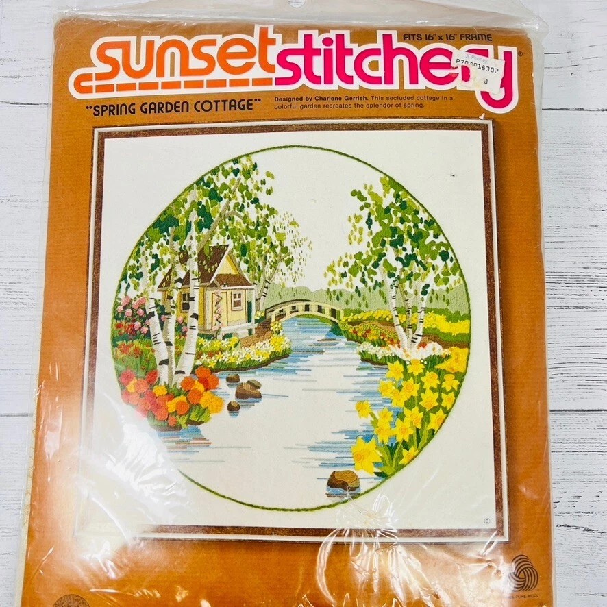 Kit Broderie Crewel Vintage 1976 - REDWOOD SUNSET - Paysage Montagne MCM