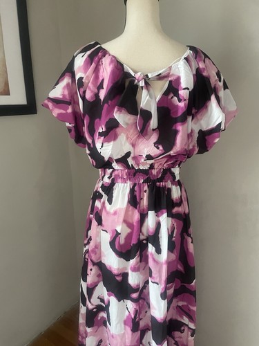 Melloday Beautiful Floral Maxi Dress Small Deep V-Neck Puff Sleeves Pink Blk Wht - Picture 3 of 9