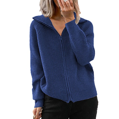 Damen Freizeitmantel Strickshirt Reißverschluss lose Cardigan langärmelig Reverspullover - Bild 4 von 32