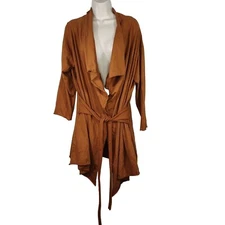 Unbranded Brown Long Sleeve Open Front Jersey Knit Jacket Women One Size Belted