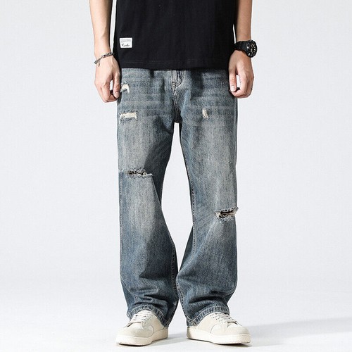 Retro Ripped Jeans Men Wide Leg Denim Pants Distressed Trousers Straight Fit - Picture 17 of 18