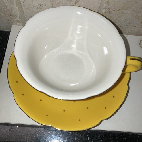 Yellow Anthropologie BLUE BIRD Tea Cup Saucer Set Gold rim Polka Dot RETIRED - Picture 5 of 10