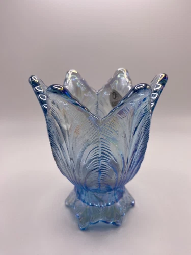 FENTON Art Glass Blue Opalescent Iridescent  2 Way Candleholder 4 1/4”H