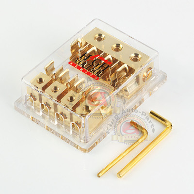 GOLD PLATED MONGOOSE 2-GANG AGU FUSE BLOCK THREE 4 GAUGE INPUT FOUR 8 GA OUTPUT