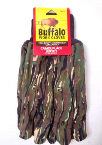 12 Pair Pk. Buffalo Camo Jersey Work Gloves w/ Lining. 55% Ramie & 45% Cotton. - Picture 2 of 7