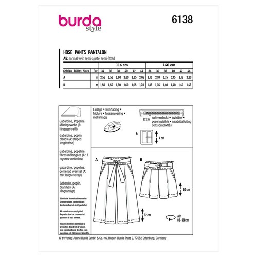 BURDA 6138 MISSES PANTS Sewing Pattern Sizes 8 - 18 Skill: EASY - Picture 2 of 6