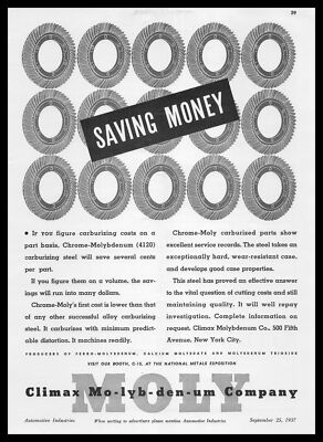 1937 Climax Molybdenum Co. Chrome-Moly Carburizing Steel ''Saving Money'' Print Ad