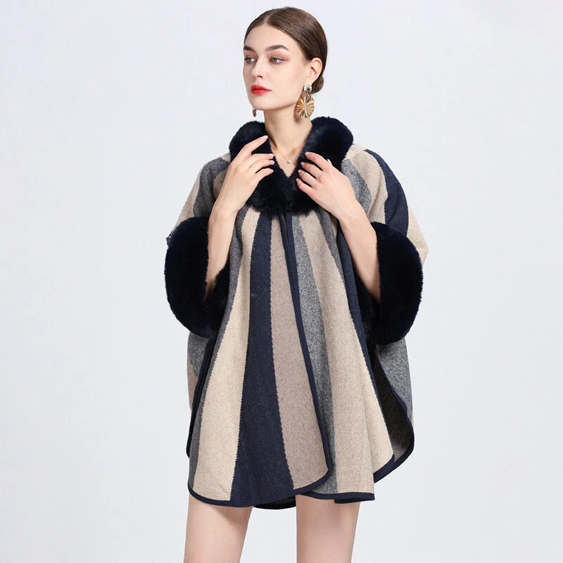 Ladies Faux Fur Collar Woolen Poncho Shawl Cape Cloak Cardigan Batwing Striped - Image 3 of 4