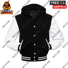 Premium Quality Black Hooded Varsity Letterman Jacket in Wool / Leather
