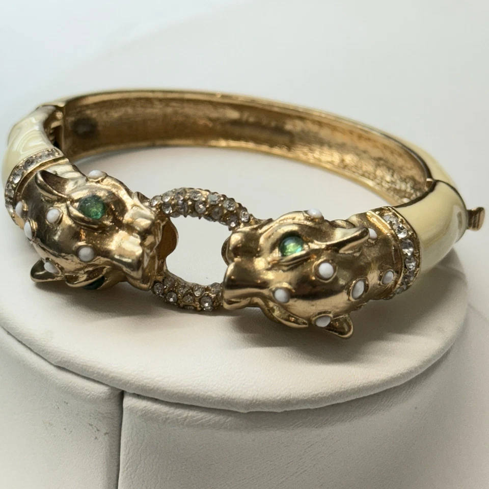 J. Brazalete Bisagra Crew Panther Leopardo Jaguar Ojos Verdes Tono Dorado Estrás Foto 2 de 4