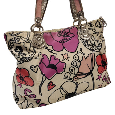 COACH Poppy Handbag Beige Pink Floral Graffiti Graphic Pockets