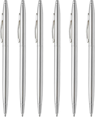 Silver Metal Slim Ballpoint Pens, 6Pcs Bulk Metallic Slim Retractable
