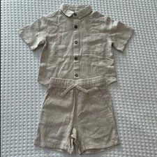 Rylee And Cru Striped Linen Casual Lounge Set Ecru Boys Size 2-3y NWT