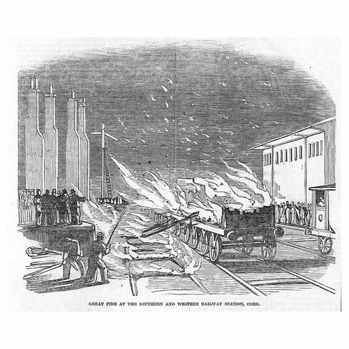 CORK Ireland, Great Train Fire at Railway Station - Antique Print 1850